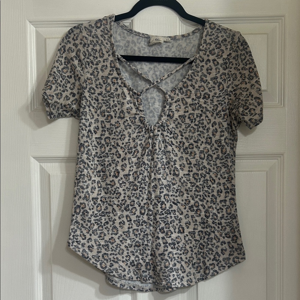 White Crow Gray Leopard Print V-Neck Blouse